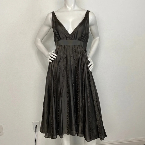 Zara Dark Pewter Deep V-Neck Silk Linen Blend Pleated Academia Midi Dress Size S - Picture 1 of 8